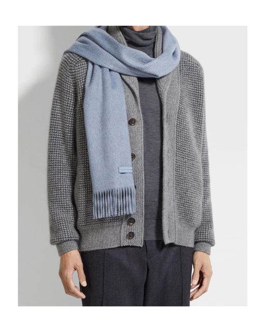Zegna Blue Fringed Knitted Scarf for men