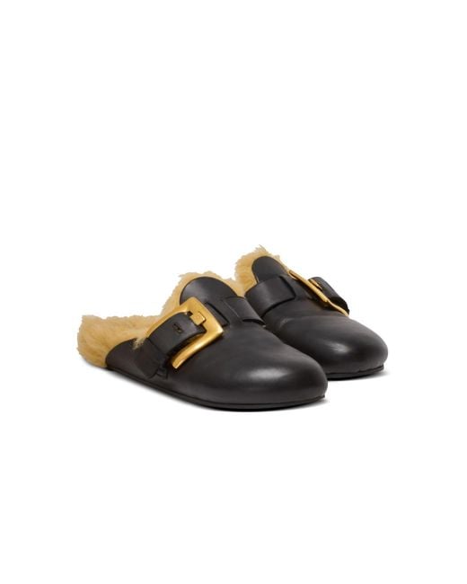 Balmain Black Flat Leather And Faux Fur Mules