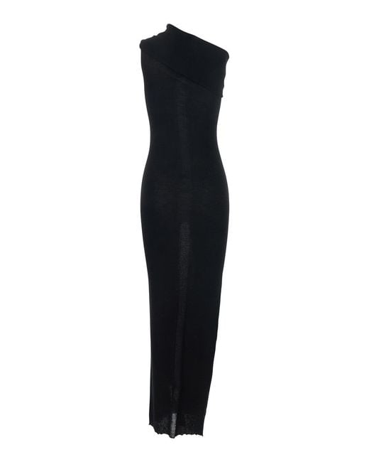 Rick Owens Black 'Athena' Asymmetrical Long Dress With Wide Neck And Ribbed Design
