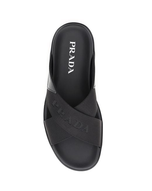 Prada Brown Brushed Leather And Nylon Tape Crisscross Slides for men