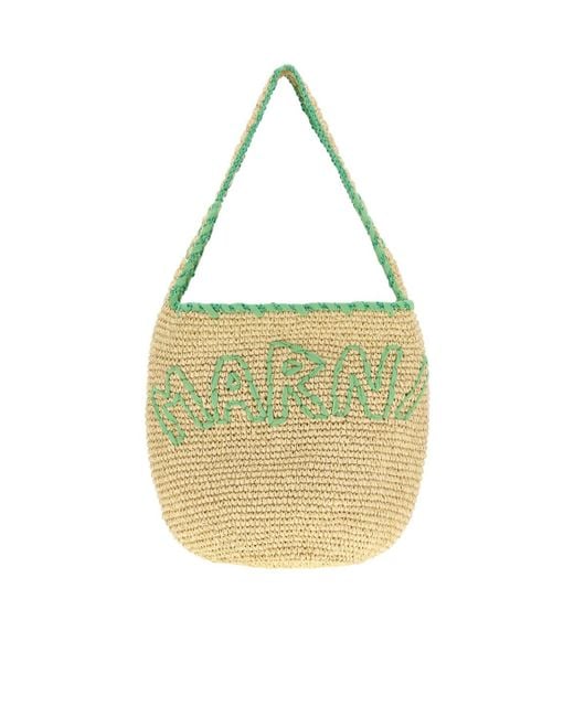 Marni Metallic Large Logo-Embroidered Raffia Tote Bag