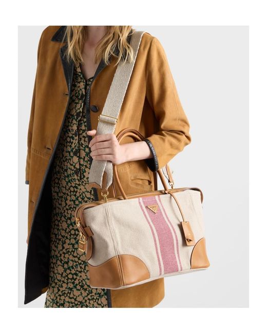 Prada Brown Large Canvas And Leather Tote Bag