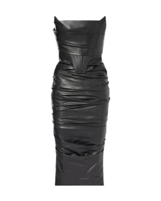 Alex Perry Black Ruched Leather Midi Dress