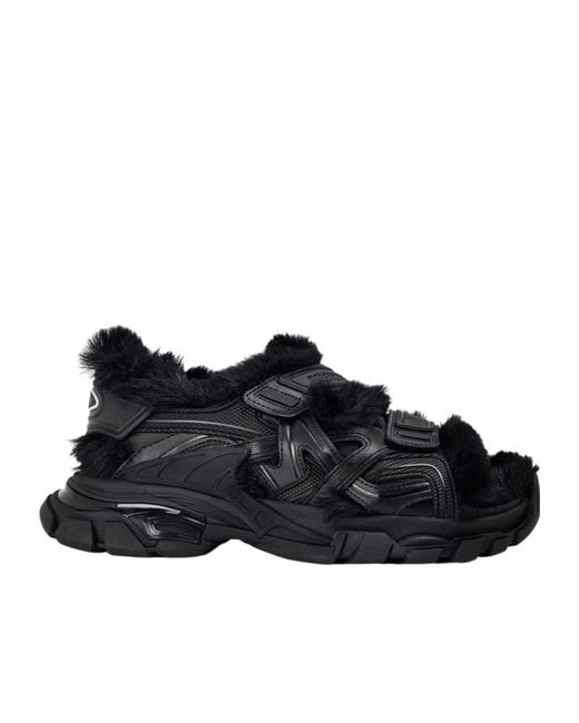 Balenciaga Black Track Faux-Shearling Sandals