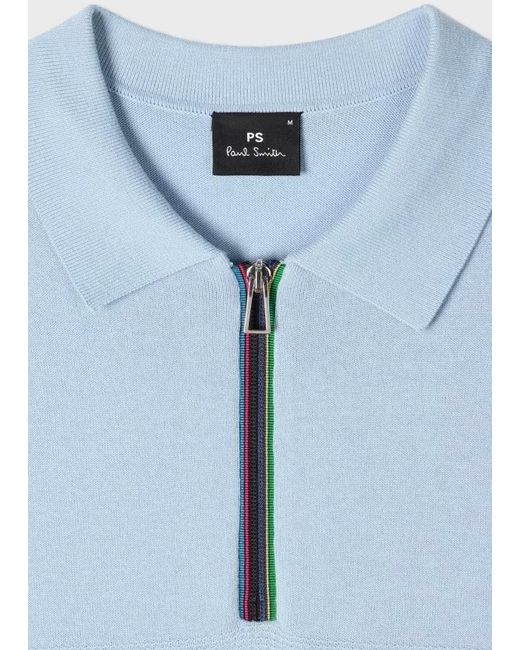 Paul Smith Blue Light 'Sports Stripe' Zip Neck Polo Shirt for men