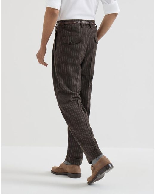Brunello Cucinelli Gray Virgin Wool And Cashmere Chalk Stripe Trousers With Double Pleats for men