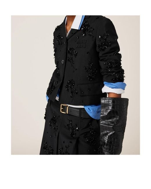 Miu Miu Black Embroidered Single-Breasted Kid Mohair Jacket