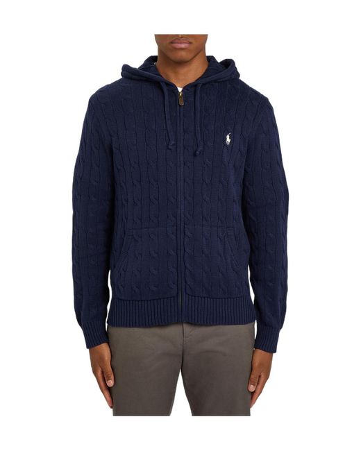 Polo Ralph Lauren Blue Logo-Embroidered Hooded Cable-Knit Cotton Jumper for men