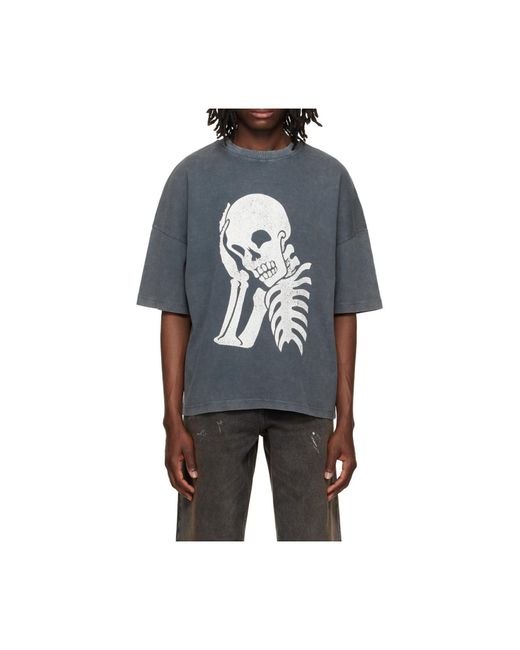 Palm Angels Gray Skull-Print Washed T-Shirt for men
