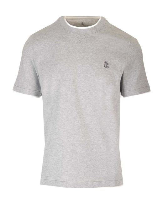Brunello Cucinelli White Logo Embroidered Layered T-Shirt for men