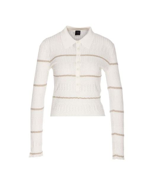 Pinko White Metallic Stripe Long-Sleeved Polo Shirt