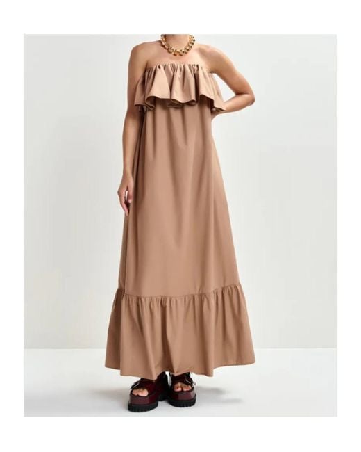 Essentiel Antwerp Brown Strapless Ruffled Maxi Dress