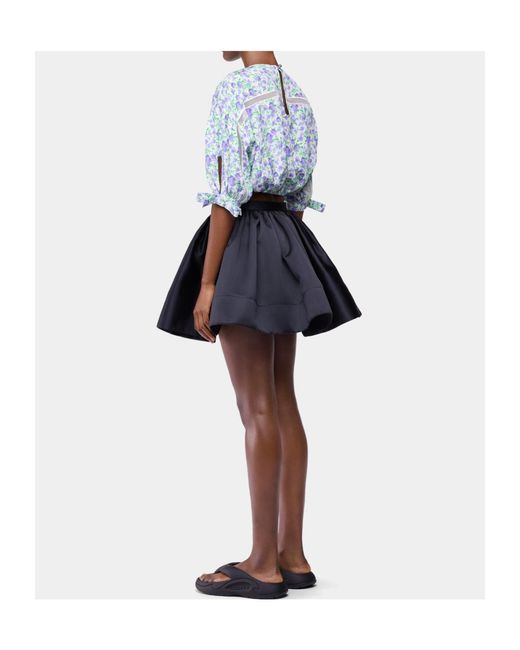Rabanne Blue Floral Puff-Sleeved Crop Top