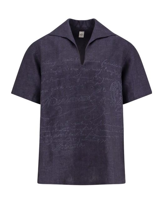 Berluti Blue Script Detailed Collared Shirt for men