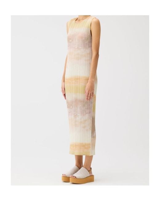 Pleats Please Issey Miyake Natural Pleated Abstract-Print Midi Dress