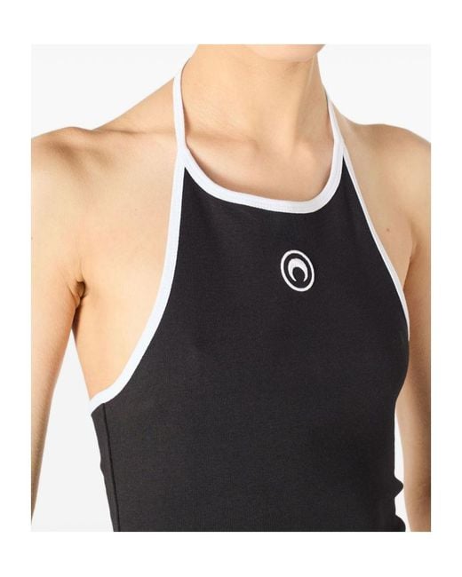 MARINE SERRE Black Moon Logo Ribbed Jersey Halter Short Dress