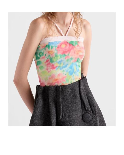 Prada White Ribbed Knit Cotton Top With Floral Print