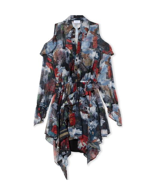 Off-White c/o Virgil Abloh Blue World Paint Geo Ruffled Asymmetric Mini Dress