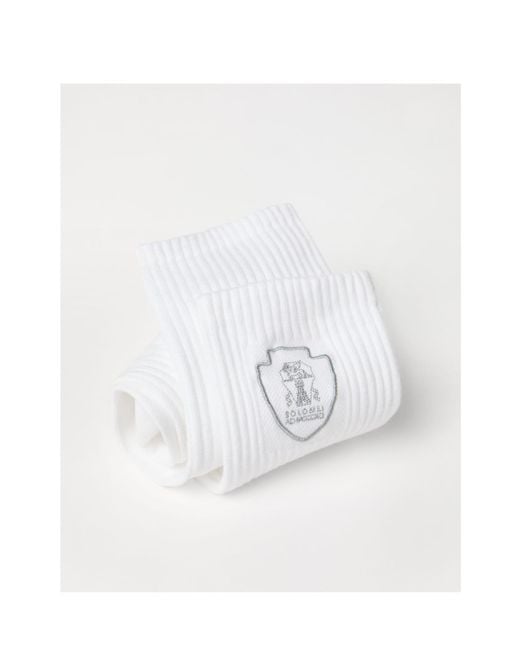 Brunello Cucinelli White Logo Emblem Ribbed Ankle Socks for men