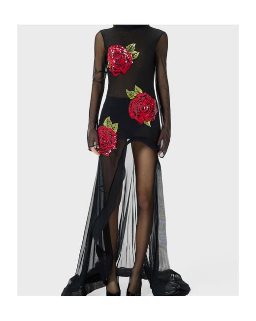 Blumarine Black Stretch Tulle Dress With Embroidery And Slit