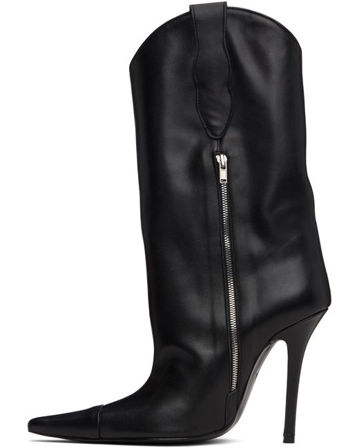Pushbutton Black Pointed-Toe Leather Boots