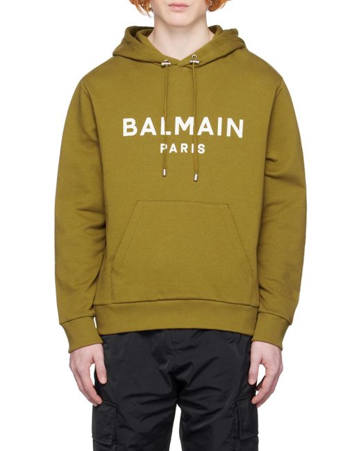 Balmain Green Logo Printed Drawstring Hoodie for men