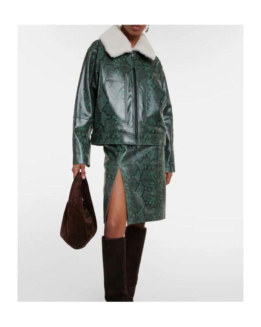 Dorothee Schumacher Green Lapel Long-Sleeved Leather Jacket