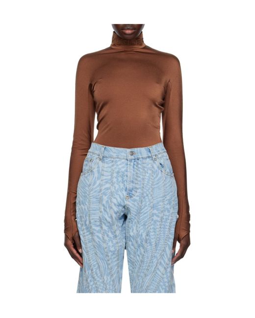 Mugler Blue Logo-Appliqué Satin Bodysuit