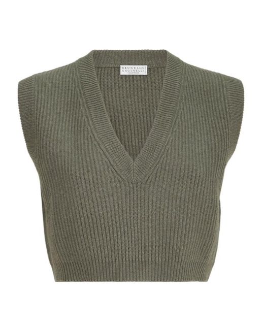 Brunello Cucinelli Green Cashmere Rib-Knit Sweater Vest