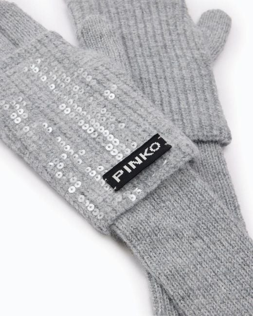 Pinko Gray Sequin-Embellished Ribbed-Knit Gloves