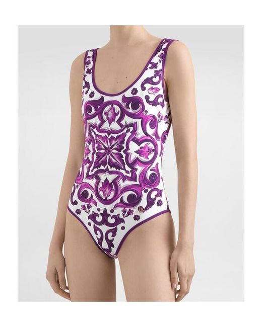 Dolce & Gabbana Purple Majolica Printed One-Piece Swimsuit