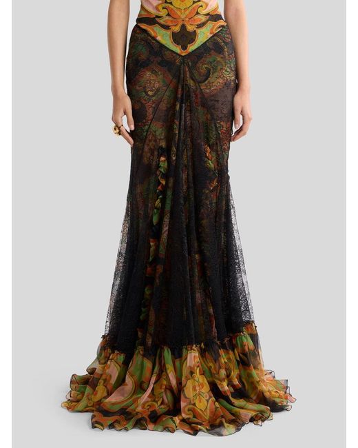 Etro Natural Silk Maxi Skirt With Lace And Floral Motif