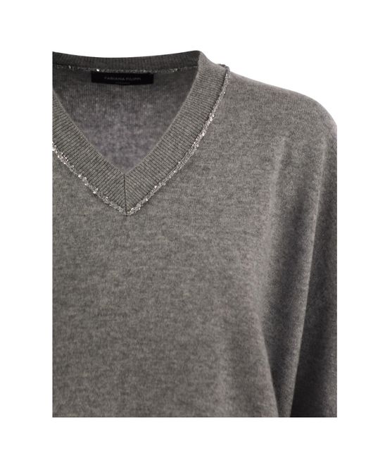 Fabiana Filippi Gray Sequin-Embellished V-Neck Knitted Jumper