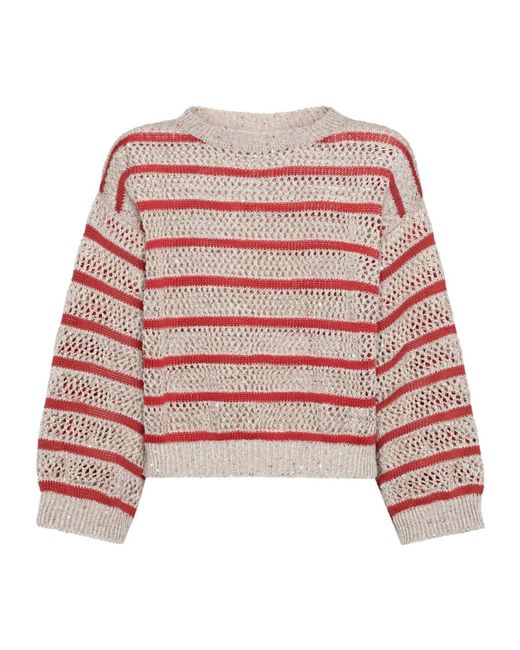 Brunello Cucinelli Red Linen-Blend Dazzling Stripe Sweater