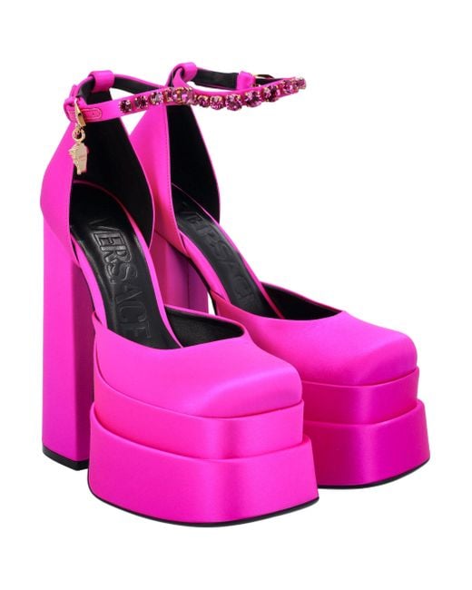 Versace Pink Medusa Head Charm Satin Platform Pumps