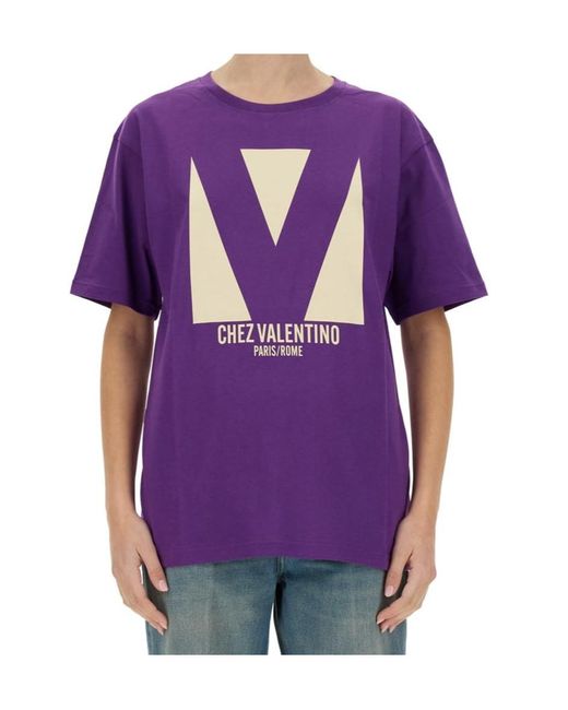 Valentino Purple Chez -Printed Crewneck T-Shirt