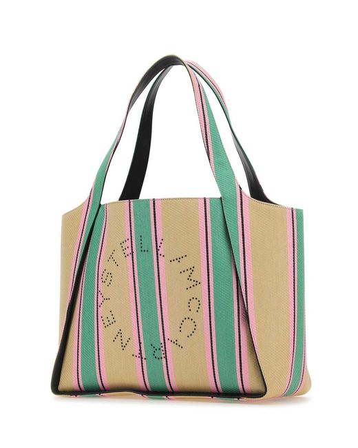 Stella McCartney Green Striped Logo Embellished Tote Bag