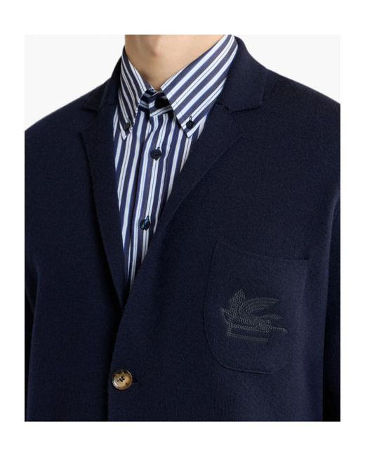 Etro Blue Single-Breasted Wool Jacket With Embroidered Logo for men