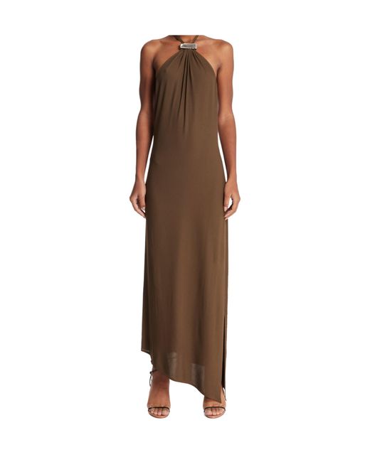 the attico brown dress Attico Wrap Dress Brown Animal Print Silk Jacquard Size 40 Puff Sleeve –  Celebrity Owned main image 1