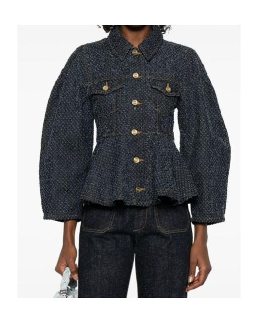 Ganni Blue Buttoned Denim Peplum Jacket