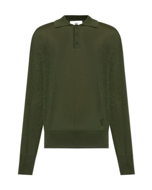 AMI Green Ami Long Sleeved Knitted Polo Shirt for men
