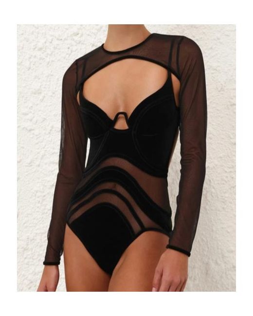 Zimmermann Black Mesh-Insert Velvet Bodysuit