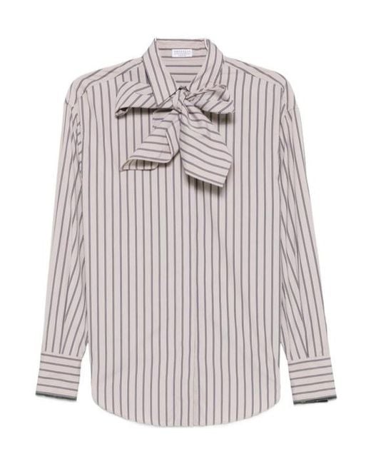 Brunello Cucinelli White Striped Neck-Tie Shirt