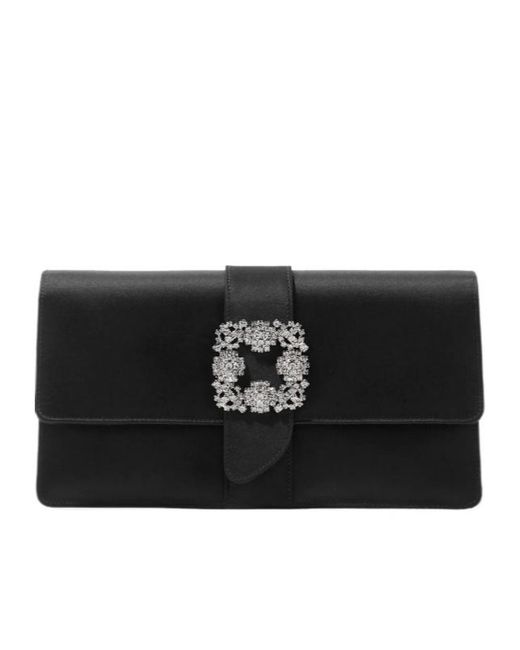 Manolo Blahnik Black Capri Crystal-Embellished Satin Clutch