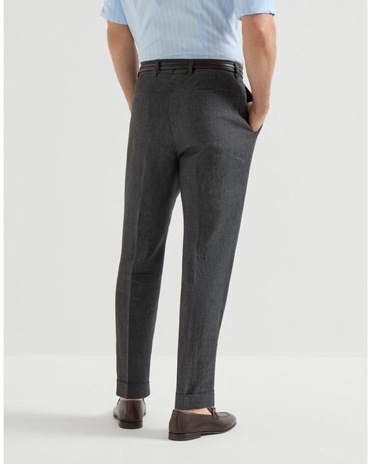 Brunello Cucinelli Gray Pleat Delave Linen Trousers for men