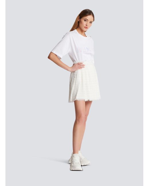 Balmain White Logo Patch Pleated Tweed Mini Skirt