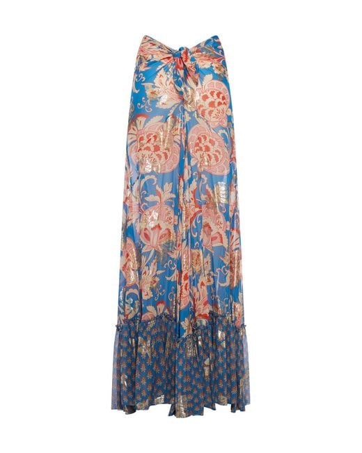 Etro Blue Long Printed Silk Skirt With Laminated Details