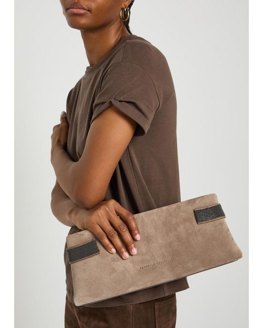 Brunello Cucinelli Gray Bead Embellished Suede Clutch