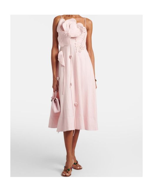 Farm Rio Pink Floral-Appliqué Linen-Blend Midi Dress