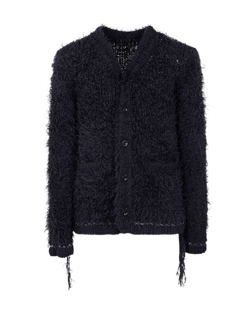 Sacai Blue Frayed-Hem Button Cardigan for men